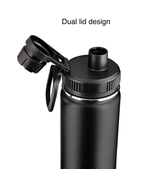 Image for 32 oz or 1000 ML stainless steel water bottle in black color, with double wall vacuum insulation. The bottle has dual lid with built-in carrying handle. The image shows the top smaller lid open showing the sipping nozzle.