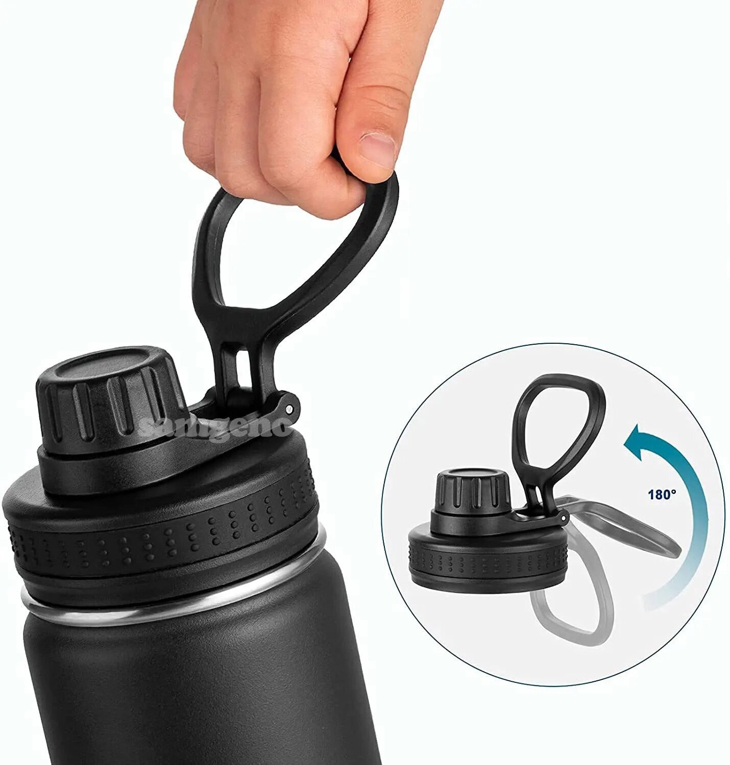 Image for 32 oz or 1000 ML stainless steel water bottle in black color, with double wall vacuum insulation. The bottle has dual lid with built-in carrying handle. It shows how the attached handle can be moved 180 degrees up and down while attached to the lid.