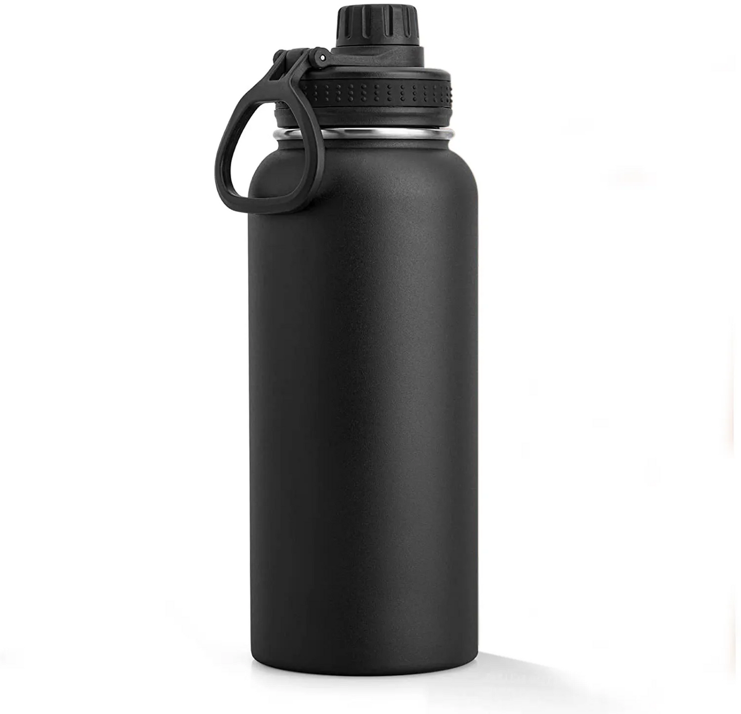 Image for 32 oz or 1000 ML stainless steel water bottle in black color, with double wall vacuum insulation. The bottle has dual lid with built-in carrying handle. The top smaller lid opens up and remains attached to let you drink from the bottle.