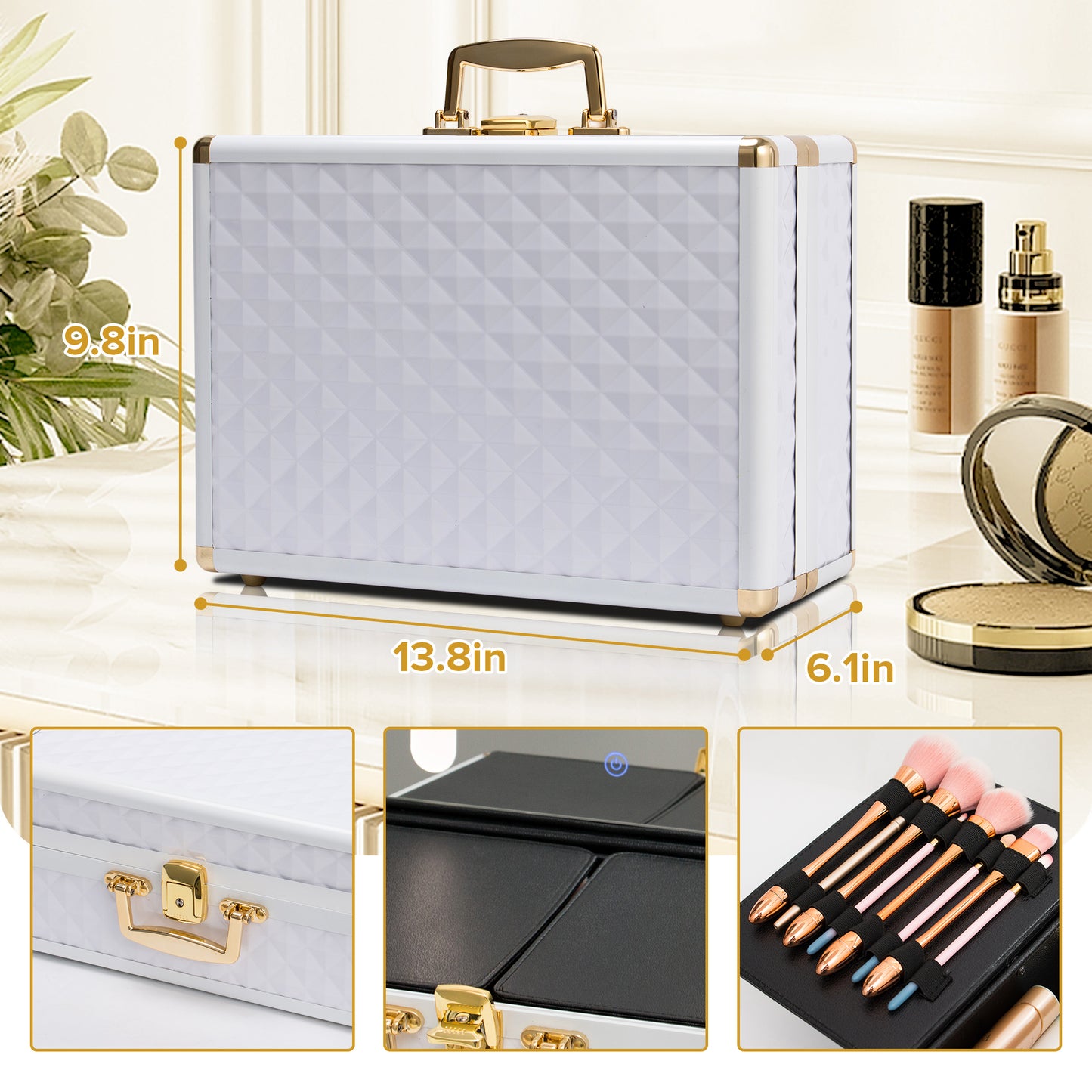 Portable Travel Makeup Case with LED Mirror, Lock, Dividers & Brush Holder