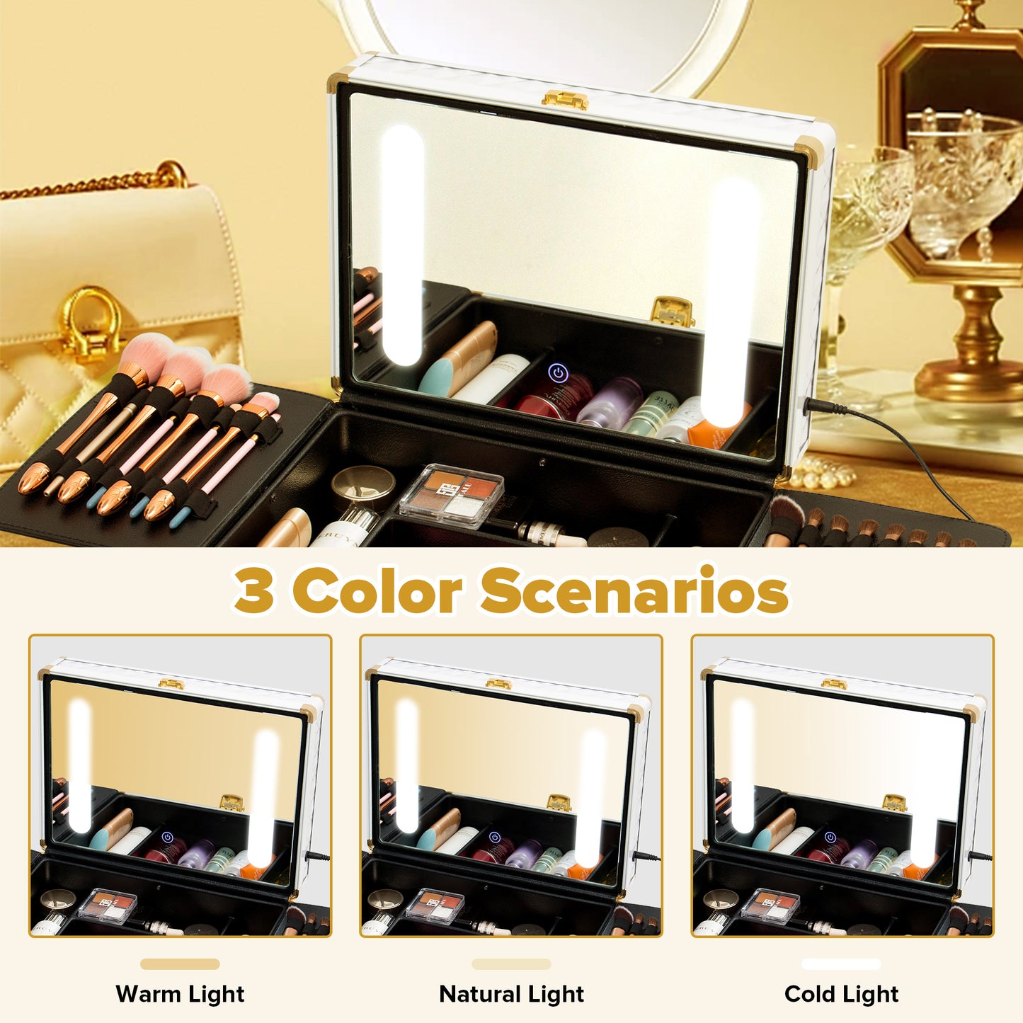 Portable Travel Makeup Case with LED Mirror, Lock, Dividers & Brush Holder