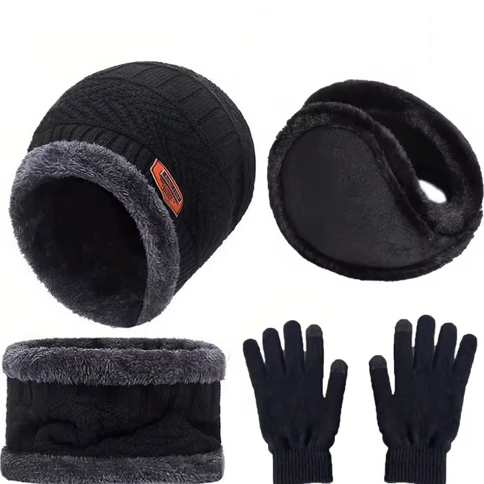4 - Piece Winter Warm Set – Knit Beanie, Fleece Neck Warmer, Ear Muffs & Touchscreen Gloves for Men, Women - goosavvy.com