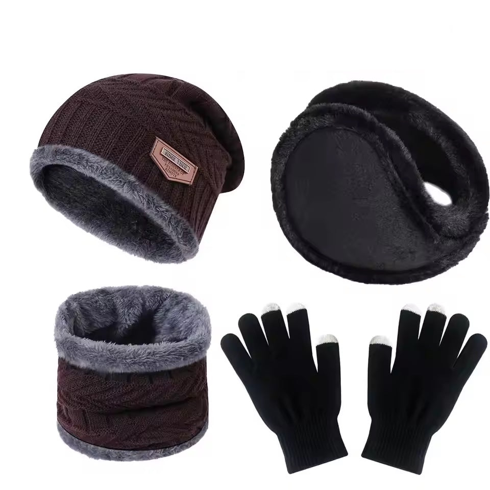 4 - Piece Winter Warm Set – Knit Beanie, Fleece Neck Warmer, Ear Muffs & Touchscreen Gloves for Men, Women - goosavvy.com