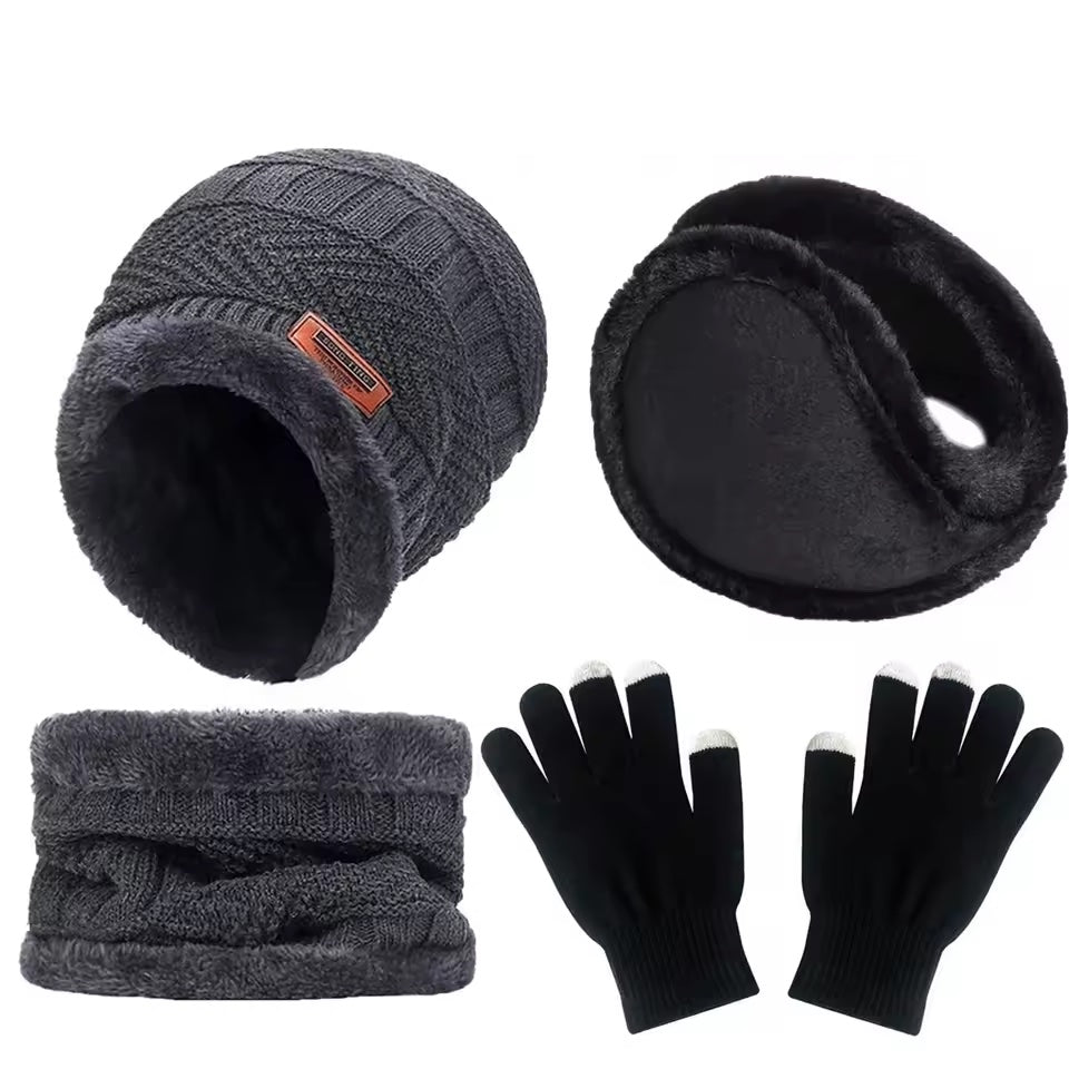 4 - Piece Winter Warm Set – Knit Beanie, Fleece Neck Warmer, Ear Muffs & Touchscreen Gloves for Men, Women - goosavvy.com