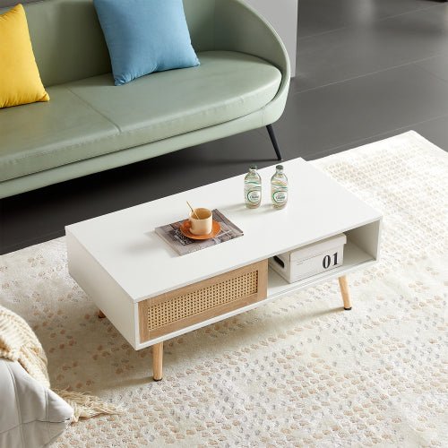 41.3 Inch Modern Coffee Table Rectangle Wood Coffee Table with Sliding Door for Storage, Rattan Coffee Tables for Living Room, Apartment White - goosavvy.com
