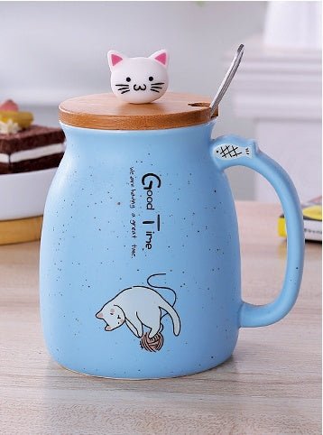 450ml Cartoon Cat Ceramic Mug with Lid & Spoon – Stylish Drinkware for Girls, Perfect Gift for Coffee, Tea, Milk - goosavvy.com