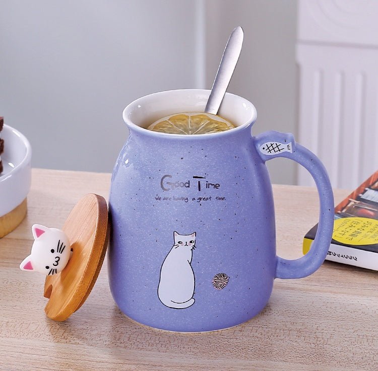 450ml Cartoon Cat Ceramic Mug with Lid & Spoon – Stylish Drinkware for Girls, Perfect Gift for Coffee, Tea, Milk - goosavvy.com