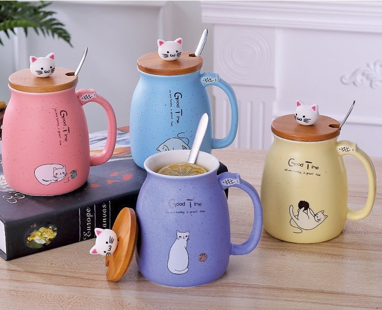 450ml Cartoon Cat Ceramic Mug with Lid & Spoon – Stylish Drinkware for Girls, Perfect Gift for Coffee, Tea, Milk - goosavvy.com