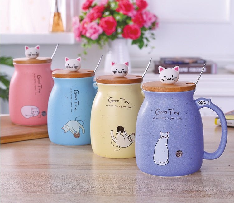 450ml Cartoon Cat Ceramic Mug with Lid & Spoon – Stylish Drinkware for Girls, Perfect Gift for Coffee, Tea, Milk - goosavvy.com