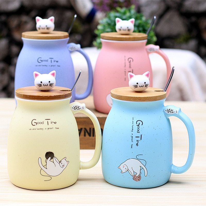 450ml Cartoon Cat Ceramic Mug with Lid & Spoon – Stylish Drinkware for Girls, Perfect Gift for Coffee, Tea, Milk - goosavvy.com