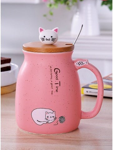 450ml Cartoon Cat Ceramic Mug with Lid & Spoon – Stylish Drinkware for Girls, Perfect Gift for Coffee, Tea, Milk - goosavvy.com