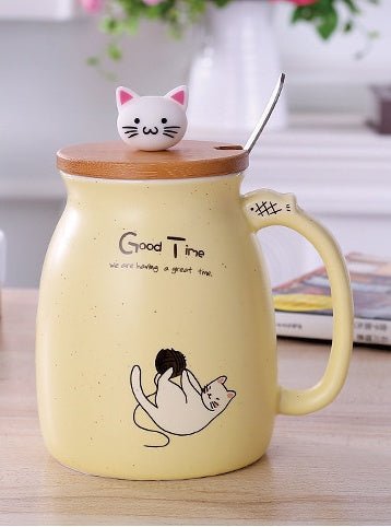 450ml Cartoon Cat Ceramic Mug with Lid & Spoon – Stylish Drinkware for Girls, Perfect Gift for Coffee, Tea, Milk - goosavvy.com