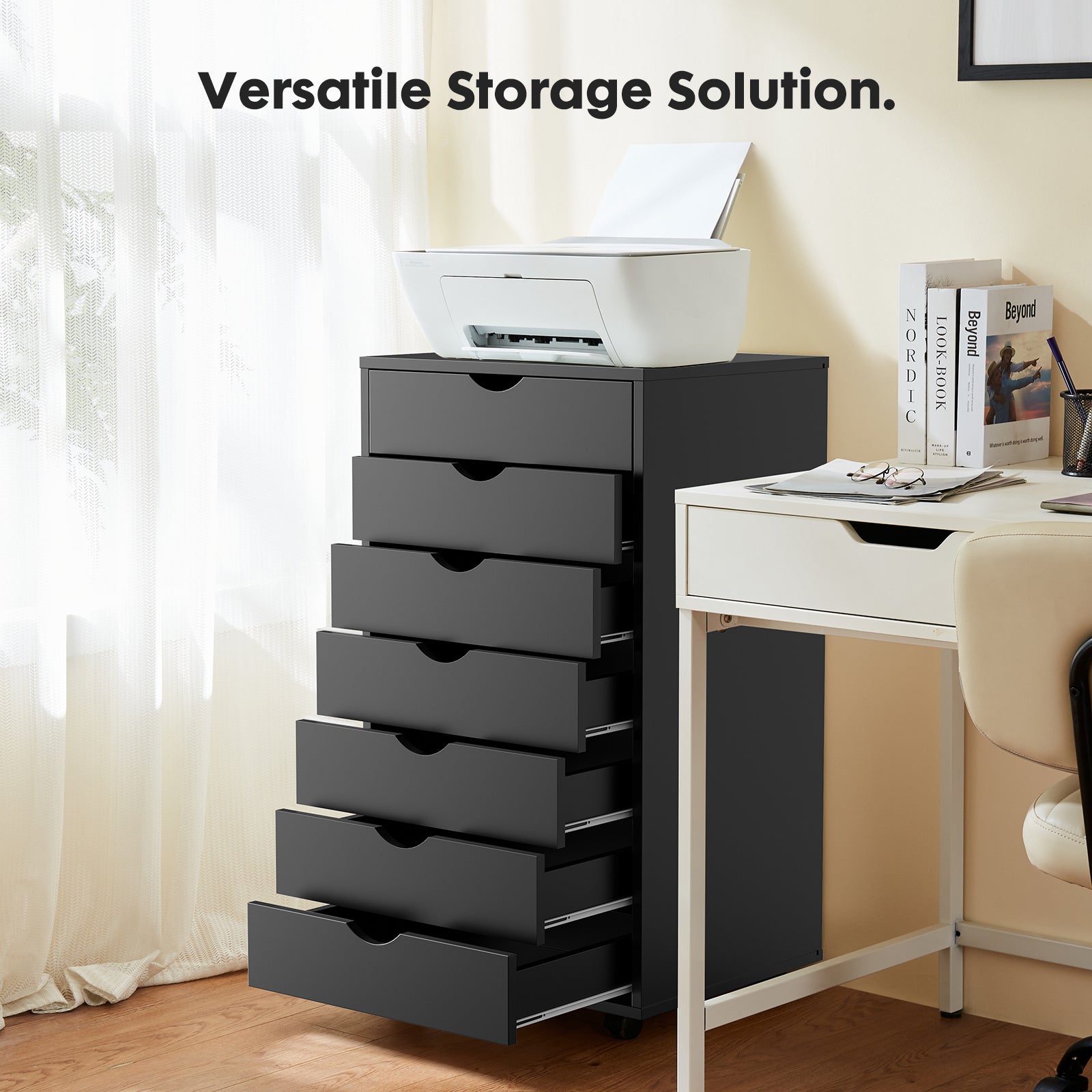 5 or 7 Drawer Wood File Cabinet with Wheels – Modern Dresser Organizer for Office & Home, White - goosavvy.com