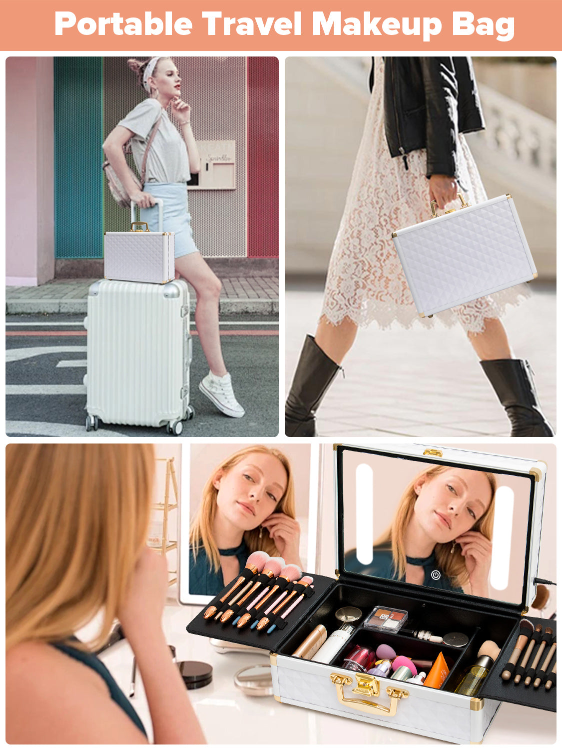 Portable Travel Makeup Case with LED Mirror, Lock, Dividers & Brush Holder