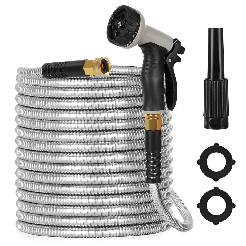 50ft/100ft Stainless Steel Garden Hose – Heavy Duty, Kink - Free with 10 - Pattern Spray Nozzle & 3/4” Leakproof Connector - goosavvy.com