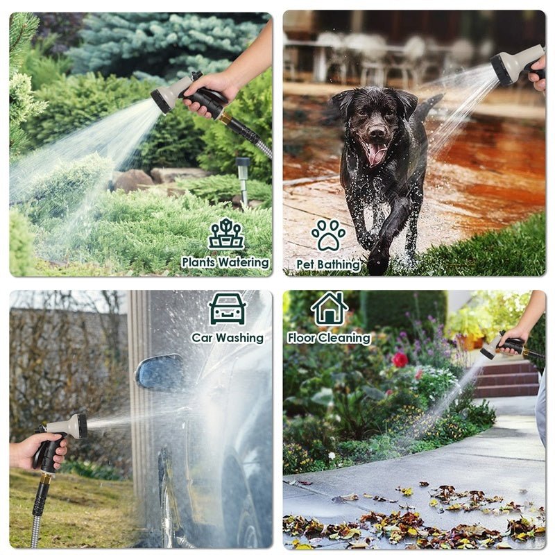 50ft/100ft Stainless Steel Garden Hose – Heavy Duty, Kink - Free with 10 - Pattern Spray Nozzle & 3/4” Leakproof Connector - goosavvy.com