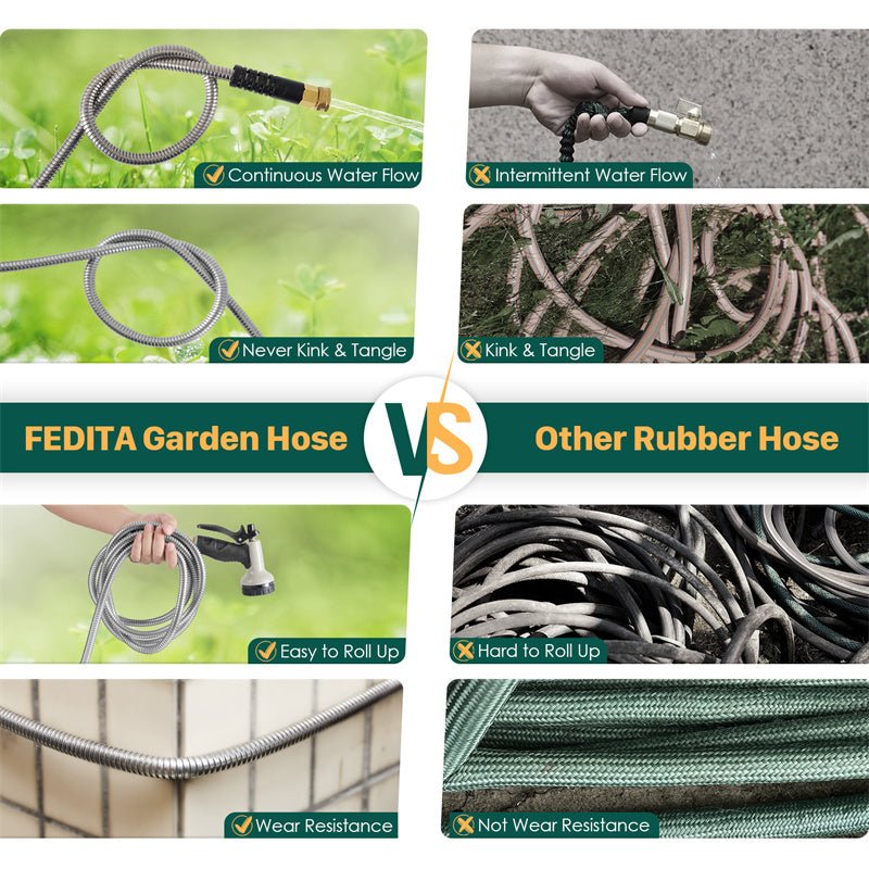 50ft/100ft Stainless Steel Garden Hose – Heavy Duty, Kink - Free with 10 - Pattern Spray Nozzle & 3/4” Leakproof Connector - goosavvy.com