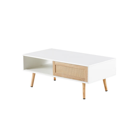 41.3 Inch Modern Coffee Table Rectangle Wood Coffee Table with Sliding Door for Storage, Rattan Coffee Tables for Living Room, Apartment White