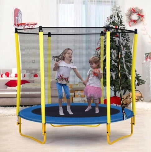 5.5FT Kids Trampoline with Enclosure, Basketball Hoop & Ball – Indoor & Outdoor Mini Toddler Trampoline, Safe & Fun - goosavvy.com