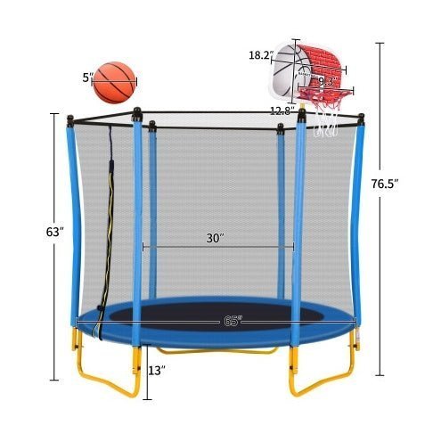 5.5FT Kids Trampoline with Enclosure, Basketball Hoop & Ball – Indoor & Outdoor Mini Toddler Trampoline, Safe & Fun - goosavvy.com