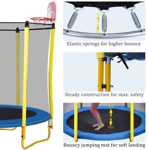 5.5FT Kids Trampoline with Enclosure, Basketball Hoop & Ball – Indoor & Outdoor Mini Toddler Trampoline, Safe & Fun - goosavvy.com