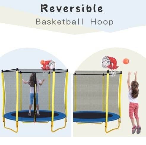 5.5FT Kids Trampoline with Enclosure, Basketball Hoop & Ball – Indoor & Outdoor Mini Toddler Trampoline, Safe & Fun - goosavvy.com