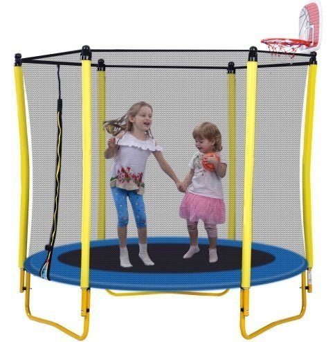 5.5FT Kids Trampoline with Enclosure, Basketball Hoop & Ball – Indoor & Outdoor Mini Toddler Trampoline, Safe & Fun - goosavvy.com