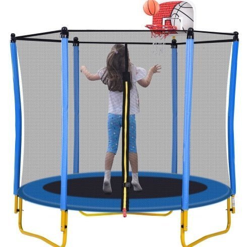 5.5FT Kids Trampoline with Enclosure, Basketball Hoop & Ball – Indoor & Outdoor Mini Toddler Trampoline, Safe & Fun - goosavvy.com