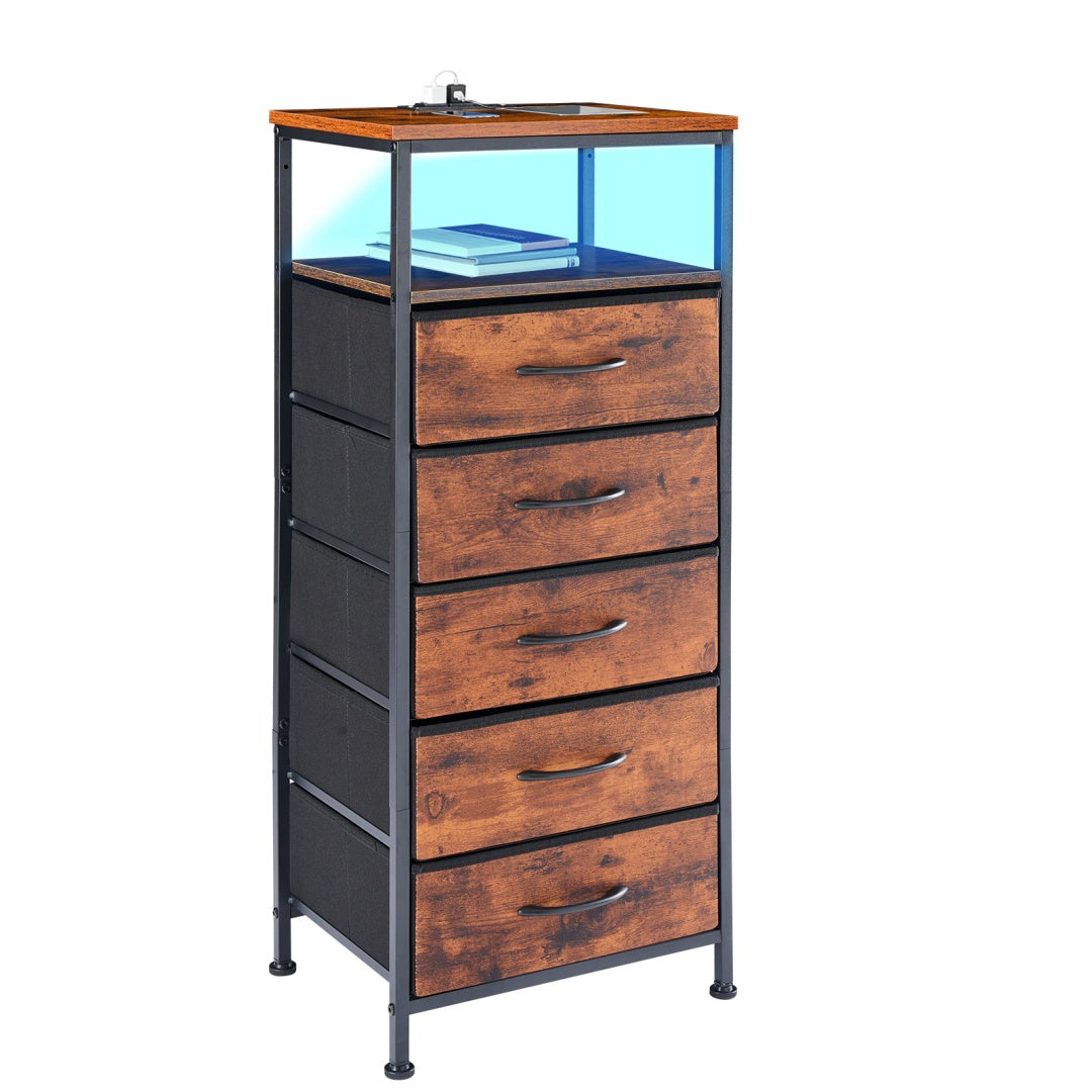 ️ 16" Nightstand with Fabric Drawers, Charging Station & LED Lights