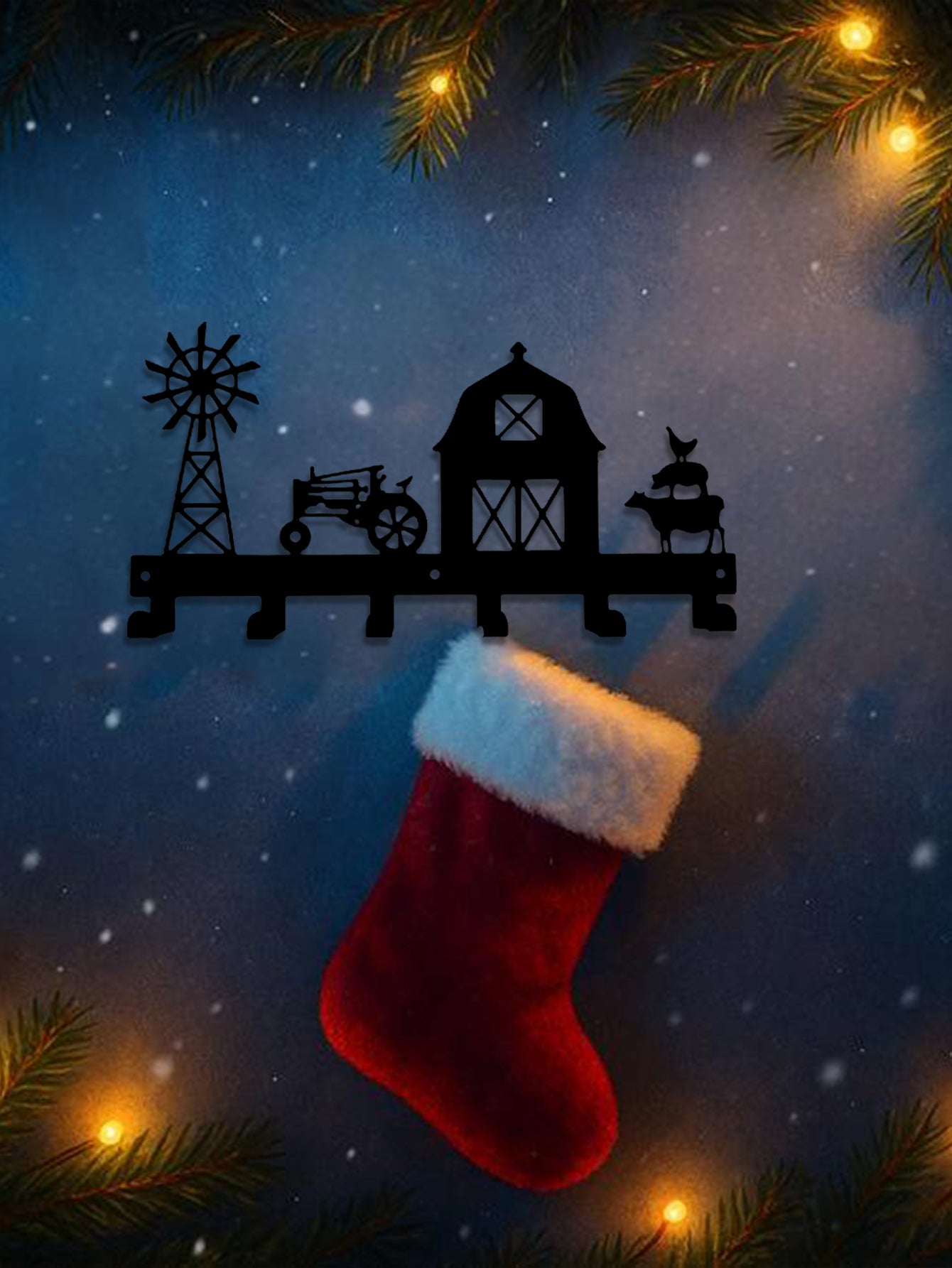 6-hook wall mounted key and coat rack with silhouette of a barn with animals, windmill, and tractor design on a dark blue background with Christmas stockings and lights.