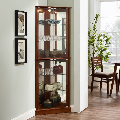 6 - Tier Corner Curio Display Cabinet with Lights & Adjustable Glass Shelves, Walnut Finish - goosavvy.com