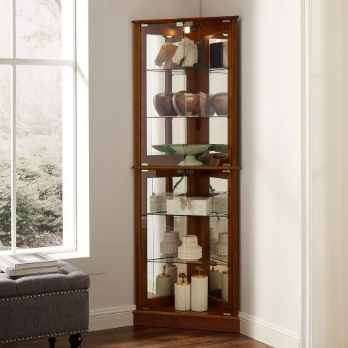 6 - Tier Corner Curio Display Cabinet with Lights & Adjustable Glass Shelves, Walnut Finish - goosavvy.com