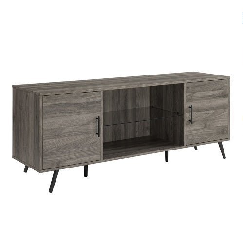 60" Mid - Century Modern TV Stand with Glass Shelf & Storage - Slate Grey - goosavvy.com