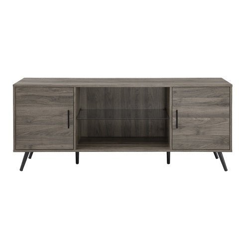 60" Mid - Century Modern TV Stand with Glass Shelf & Storage - Slate Grey - goosavvy.com