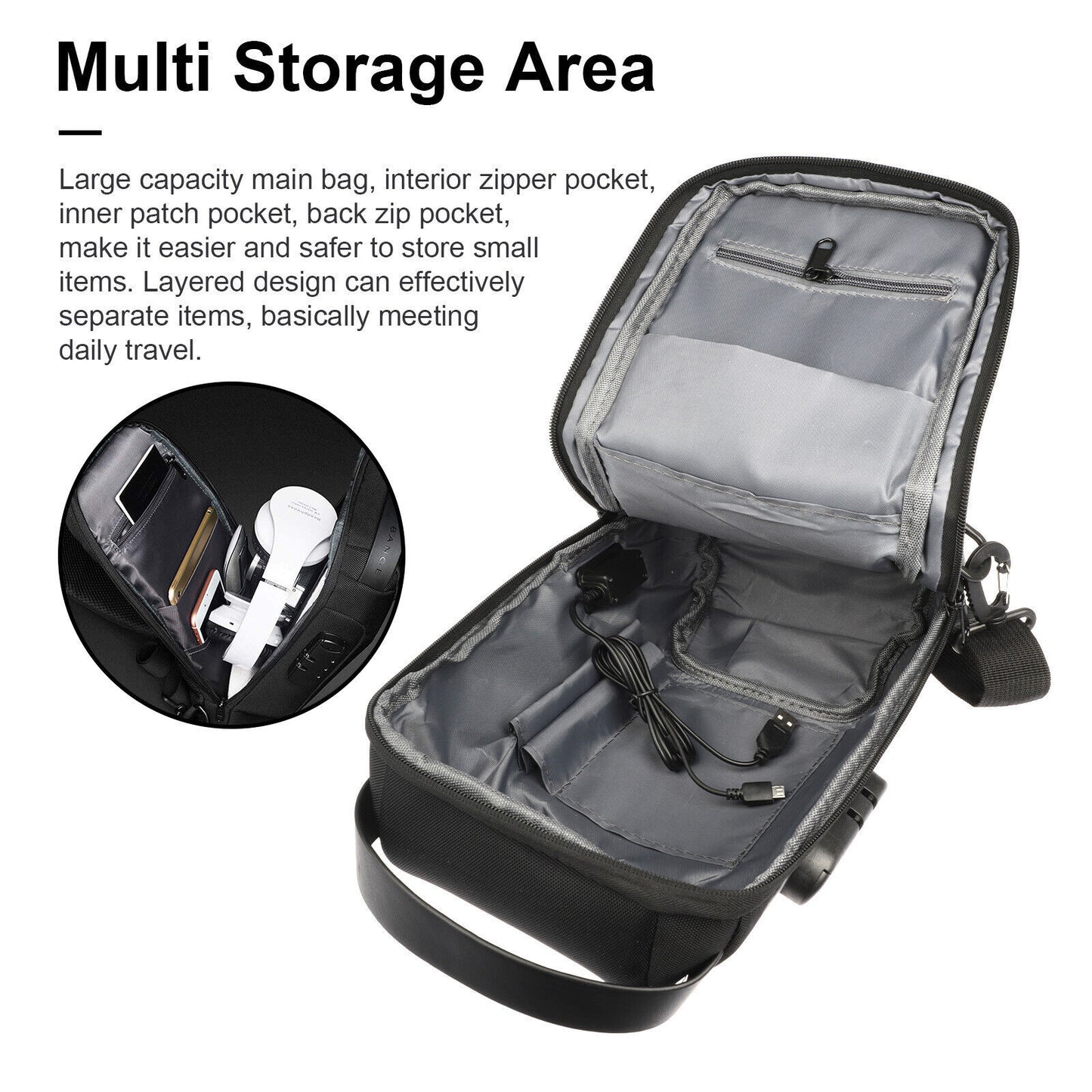 Men's Waterproof Anti-Theft Sling Crossbody Bag with USB Charging Port