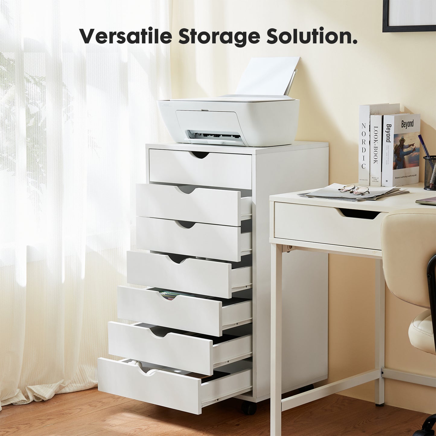 5 or 7 Drawer Wood File Cabinet with Wheels – Modern Dresser Organizer for Office & Home, White