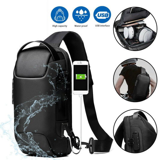 Men's Waterproof Anti-Theft Sling Crossbody Bag with USB Charging Port