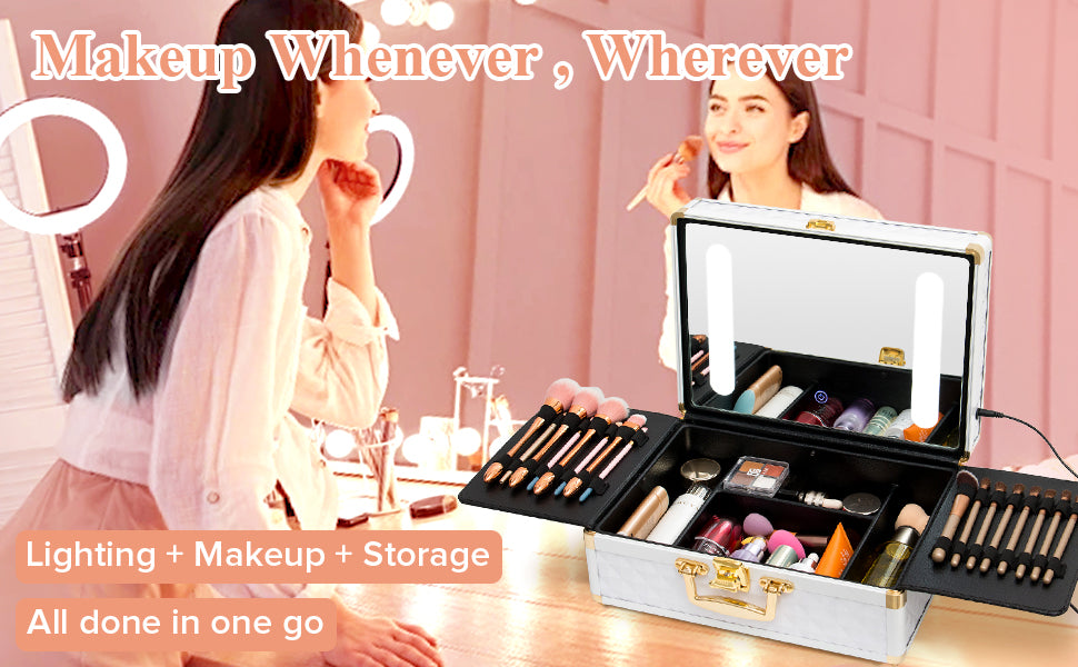 Portable Travel Makeup Case with LED Mirror, Lock, Dividers & Brush Holder