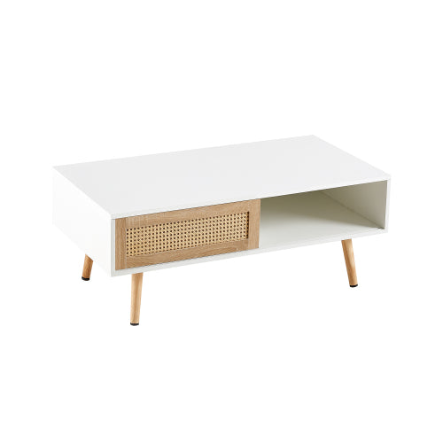 41.3 Inch Modern Coffee Table Rectangle Wood Coffee Table with Sliding Door for Storage, Rattan Coffee Tables for Living Room, Apartment White