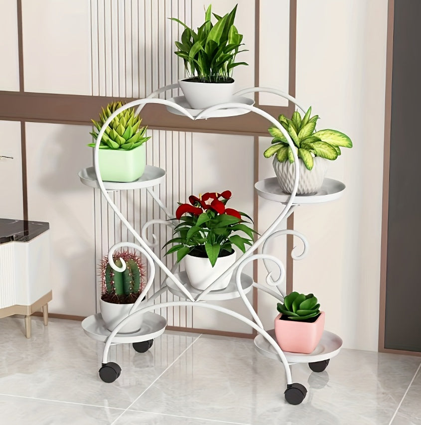 Heart-Shaped Rolling Plant Stand with 6 Tiers – Metal Flower Pot Display Rack with Wheels for Indoor Decor