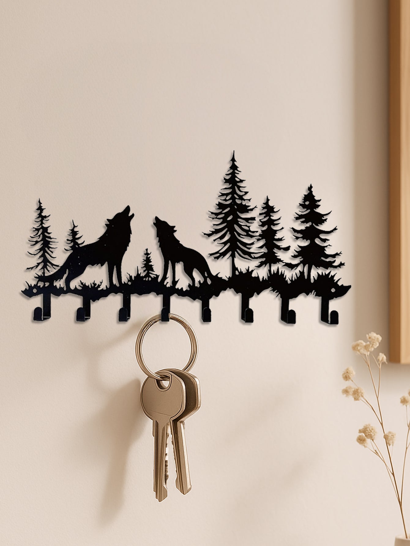 8 - Hook Metal Coat Rack with Two Howling Wolves in Woods Silhouette – Cabin/Nature Themed Decor - goosavvy.com