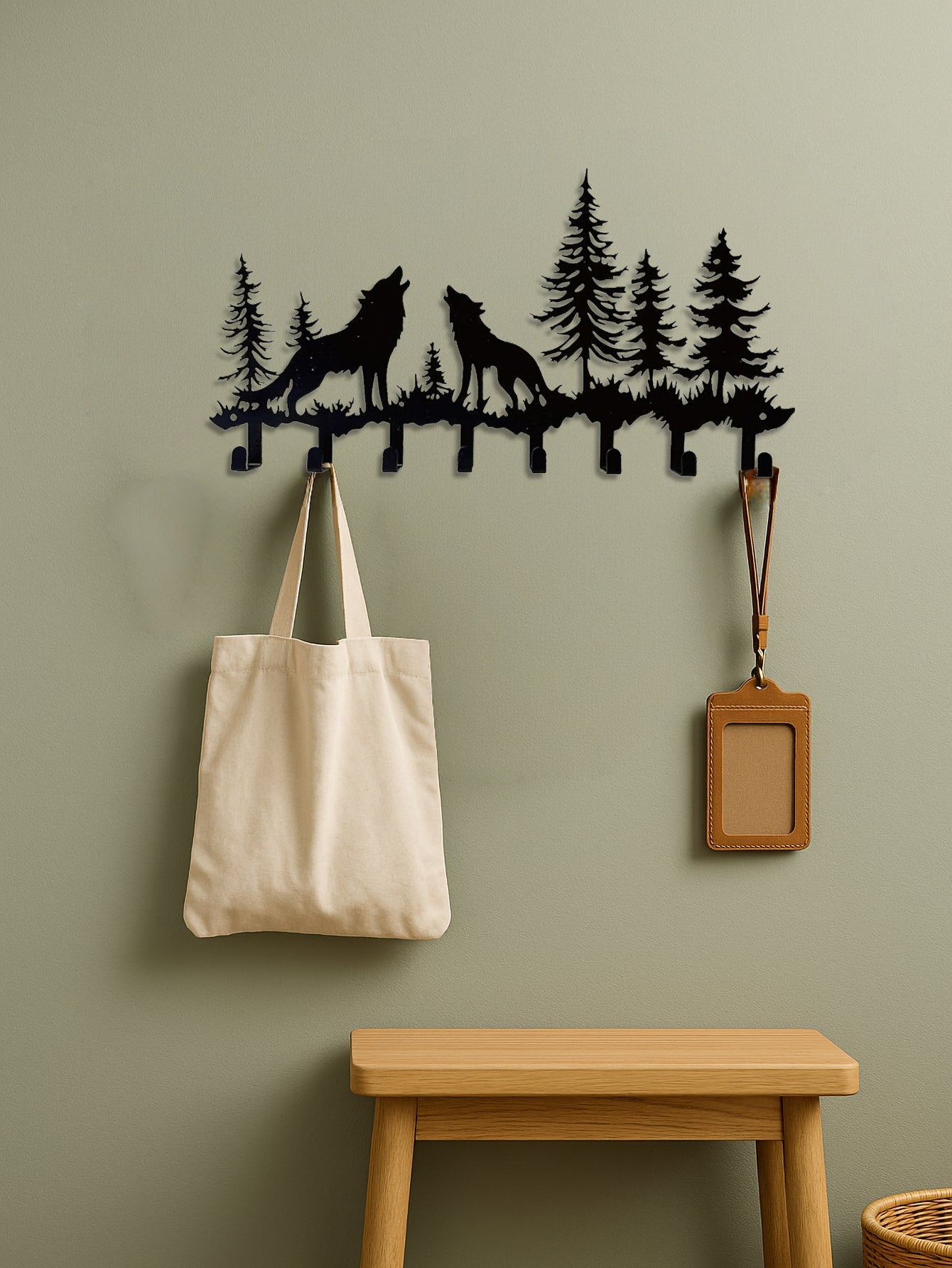 8 - Hook Metal Coat Rack with Two Howling Wolves in Woods Silhouette – Cabin/Nature Themed Decor - goosavvy.com
