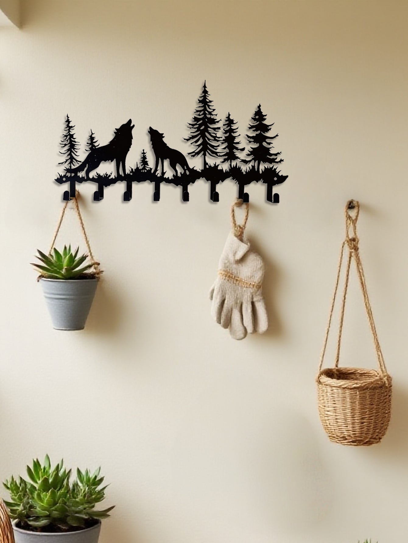 8 - Hook Metal Coat Rack with Two Howling Wolves in Woods Silhouette – Cabin/Nature Themed Decor - goosavvy.com