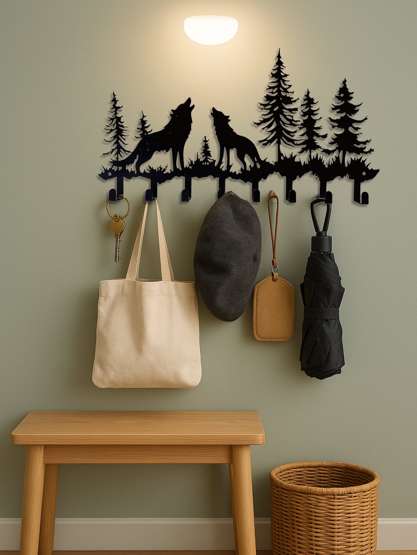 8 - Hook Metal Coat Rack with Two Howling Wolves in Woods Silhouette – Cabin/Nature Themed Decor - goosavvy.com