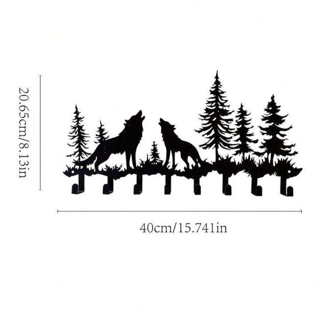 8-hook wall rack with a design depecting silhouette of two wolves howling with trees in the background, with marked dimensions as 15.7in long and 8.1in tall.