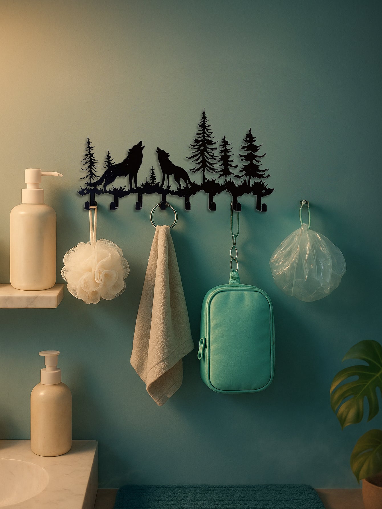 8-hook wall rack with wolves howling in forest design on a teal wall in bathroom with shower supplies below.