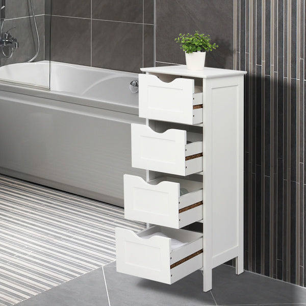 White Wooden Floor Cabinet with 4 Drawers – Freestanding Storage Organizer for Bathroom, Kitchen, Bedroom, or Entryway
