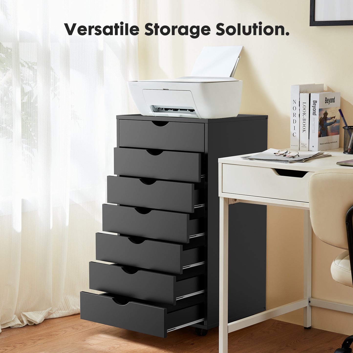 5 or 7 Drawer Wood File Cabinet with Wheels – Modern Dresser Organizer for Office & Home, White