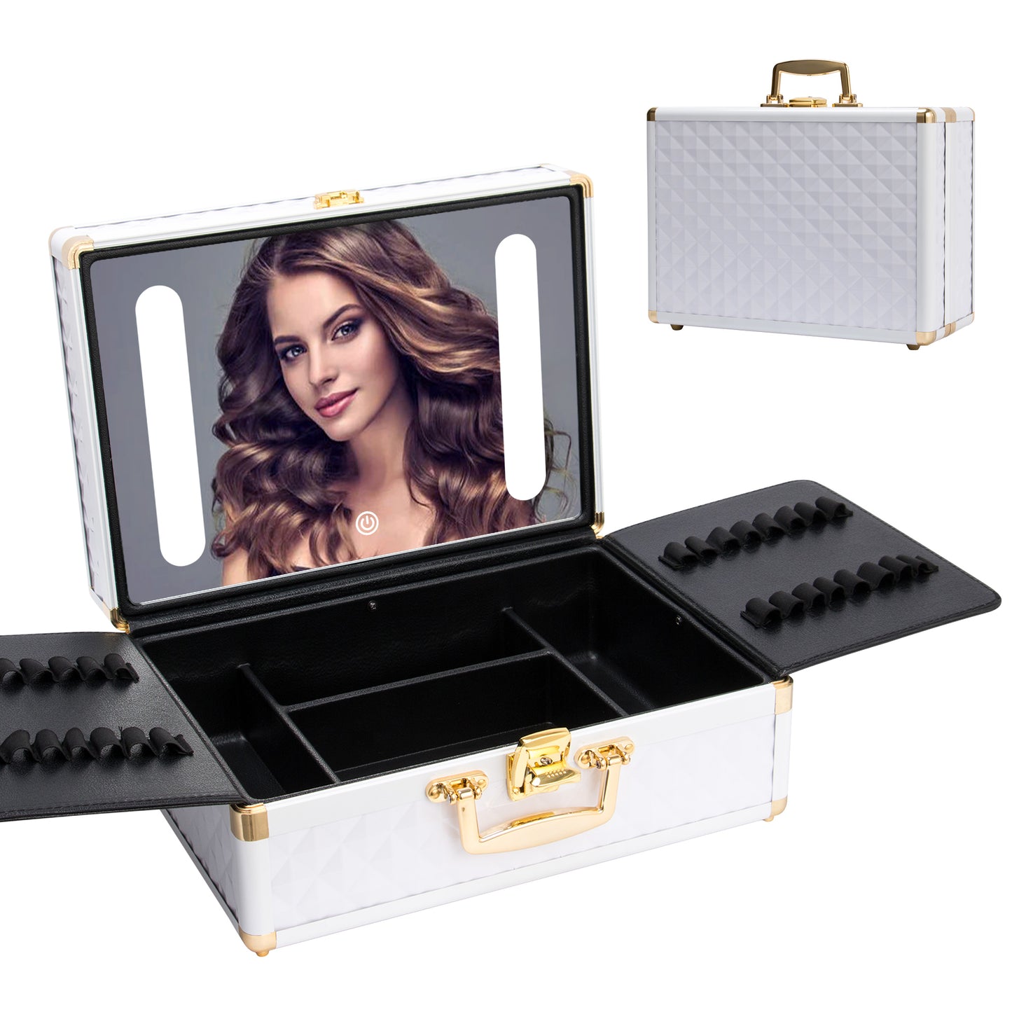 Portable Travel Makeup Case with LED Mirror, Lock, Dividers & Brush Holder