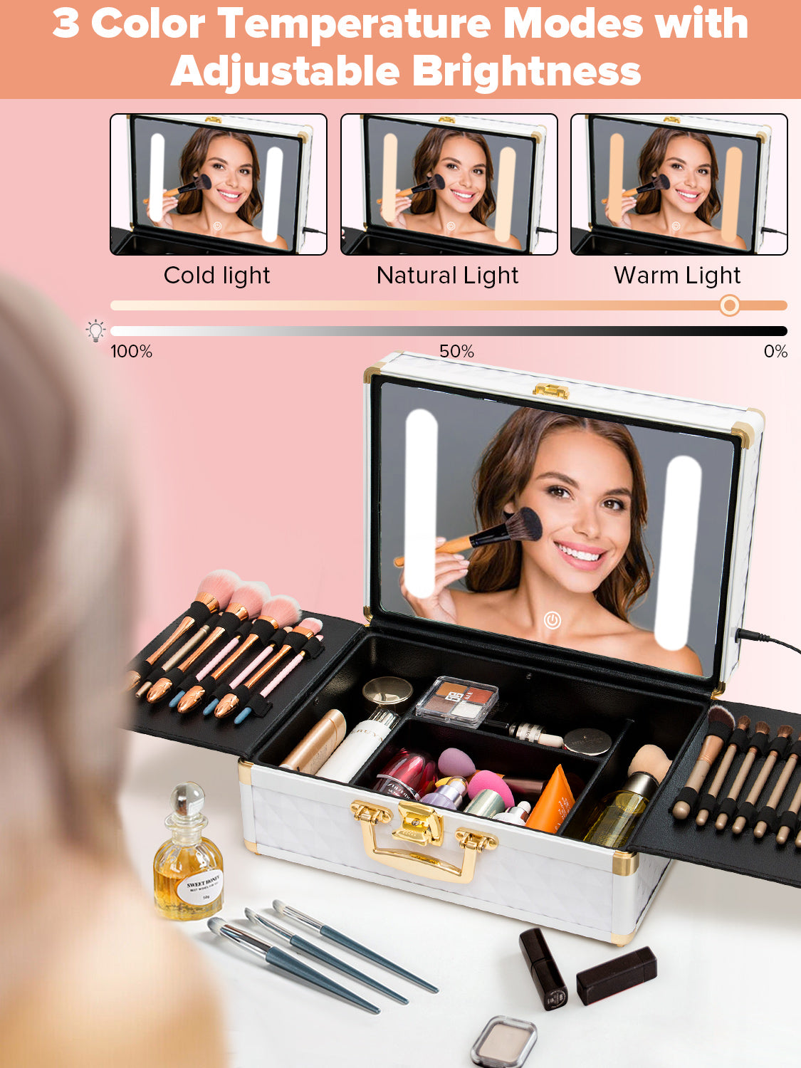 Portable Travel Makeup Case with LED Mirror, Lock, Dividers & Brush Holder